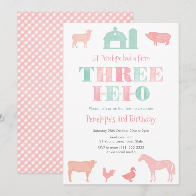 Pink Mint THREE-IEIO Girl 3rd Birthday Party Invitation (Front/Back)
