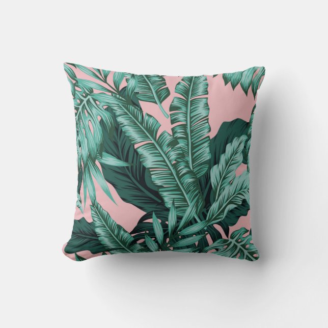 Pink/Mint Tropical Leaves Indoor/Outdoor Pillows (Front)