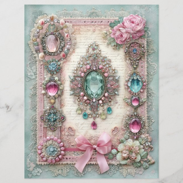 Pink Mint Vintage Junk Journal Scrapbook Paper (Front)