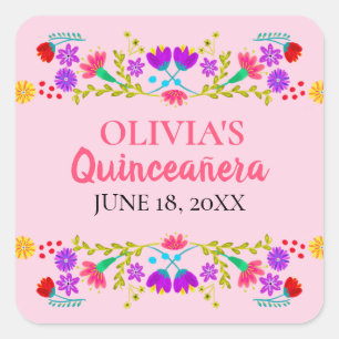 Pink Mis Quince Anos Mexican Fiesta Floral Square Sticker