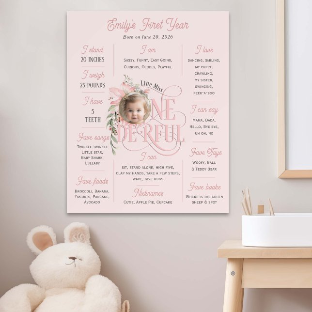 Pink Miss Onederful 1st birthday photo milestone (Pink 1st birthday milestone poster. Little MIss Onederland themed Baby Girl one year stats poster.)