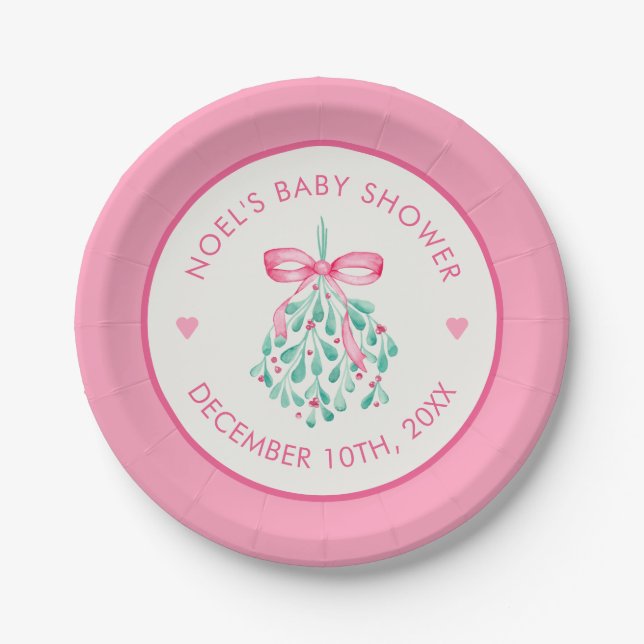 Pink Mistletoe Baby Shower Plates for Girls (Front)