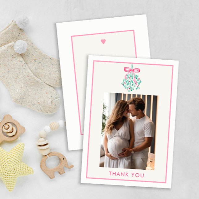 Pink Mistletoe Christmas Baby Shower Thank You Card (Photo Baby Shower, under the mistletoe thank you card - Baby Girl)