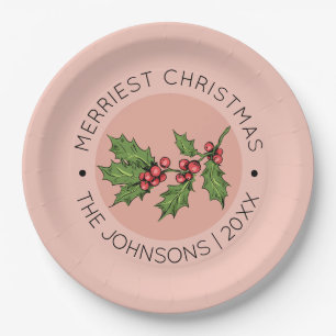 Pink Mistletoe Christmas Holiday Party Paper Plate