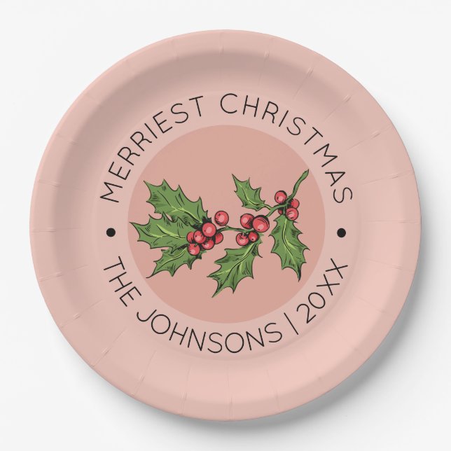 Pink Mistletoe Christmas Holiday Party Paper Plate (Front)