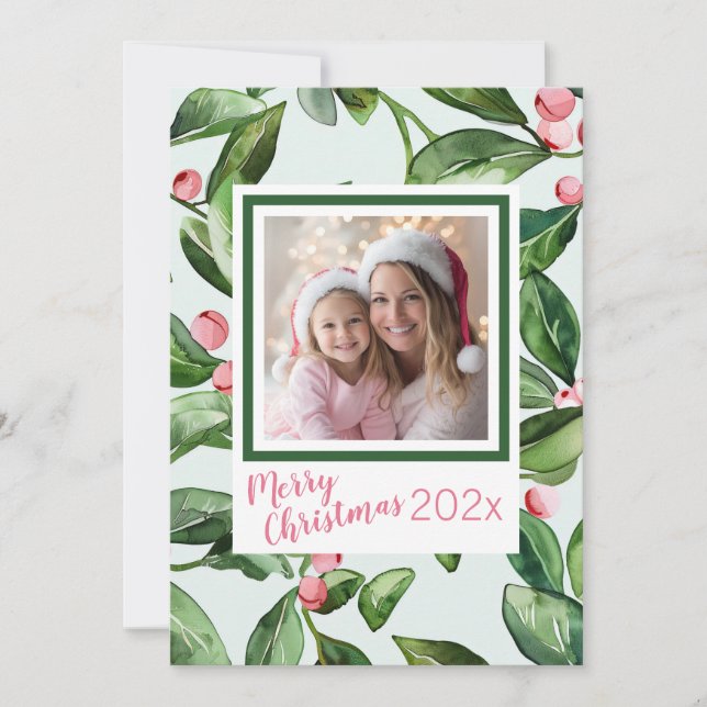 Pink Mistletoe Photo Merry Christmas Card (Front)