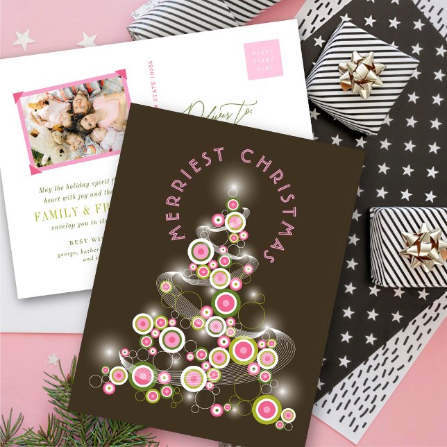 Pink Mod Circles Glowing Abstract Christmas Tree Holiday Postcard (Pink Mod Circles Glowing Abstract Christmas Tree Holiday Postcard @ fat_fa_tin)