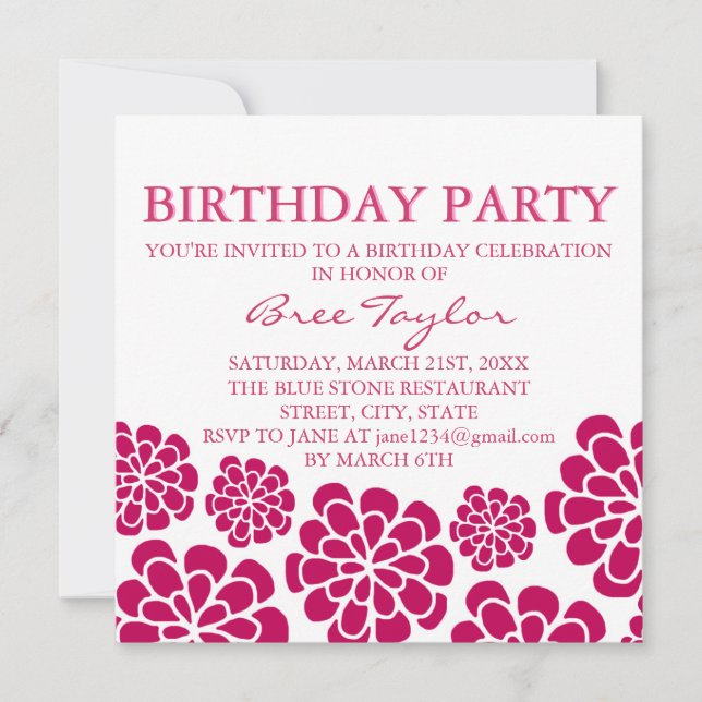Pink Mod Flower Design Birthday Invitation (Front)