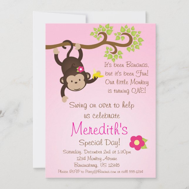Pink Mod Monkey Girls Birthday Party Invite (Front)