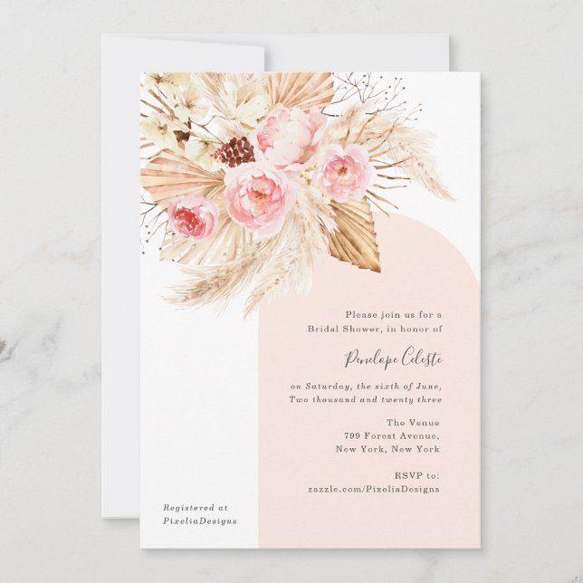 Pink Modern Arch Boho Floral Pampas Bridal Shower Invitation (Front)