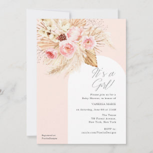 Pink Modern Arch Boho Floral Pampas Its a girl Invitation