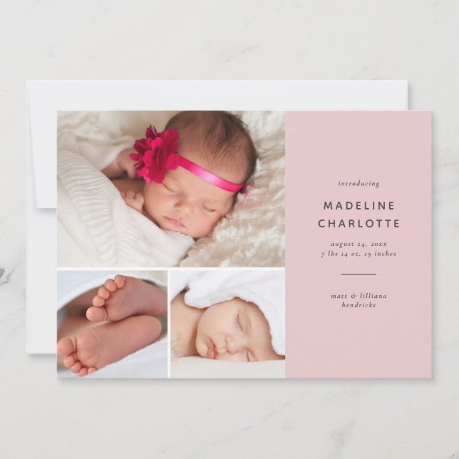 Pink Modern Baby Girl Multi-Photo Birth Announcement (Front)