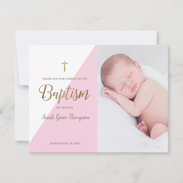 Pink Modern Baby Girl Photo Baptism Thank You Card (Front)
