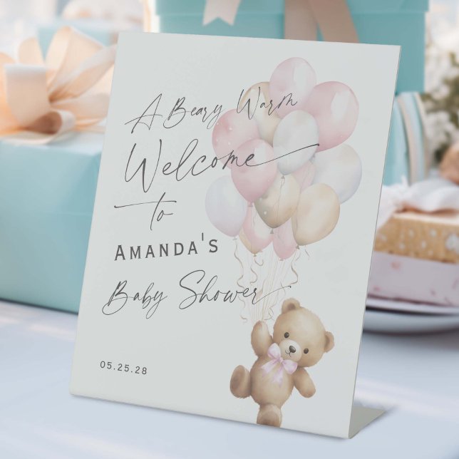 Pink Modern Baby Girl Shower Bearly wait Welcome Pedestal Sign (Pink Baby Boy Shower, We Can Bearly Wait Themed Pedestal Welcome Sign.)