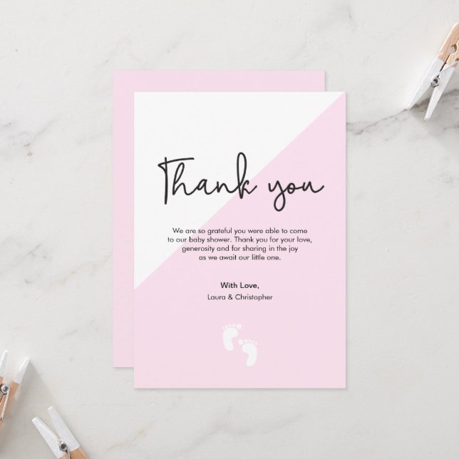 Pink Modern Baby Shower Thank You baby feet Invitation (Front/Back In Situ)