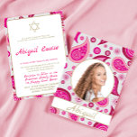 Pink Modern Bat Mitzvah Photo Invitation<br><div class="desc">Set the scene for a modern themed celebration. Pink is the background colour for this paisley elegant custom Bat Mitzvah design. Easily change the information for your own custom invitation. The image on the back can be replaced with your own photo From a range of custom stationary from Chessie's Fine...</div>