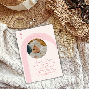 Pink Modern Boho Arch Cross Girl Photo Baptism Invitation