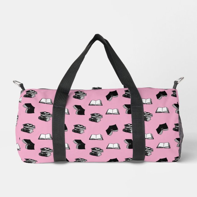 Pink Modern Bookish Bibliophile Book Pattern Duffle Bag (Front)