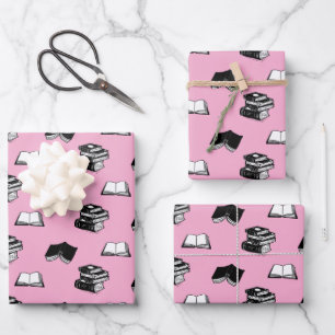Pink Modern Bookish Bibliophile Book Pattern Wrapping Paper Sheet