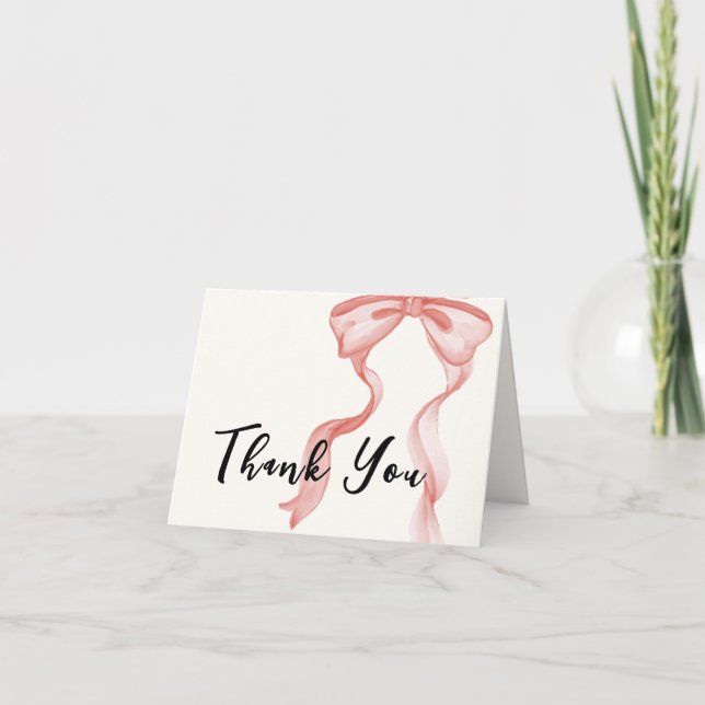 Pink Modern Bow Girl Baby Shower Thank You Card (Front)