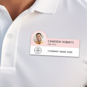 Pink Modern Business Logo Photo Employee Name Tag