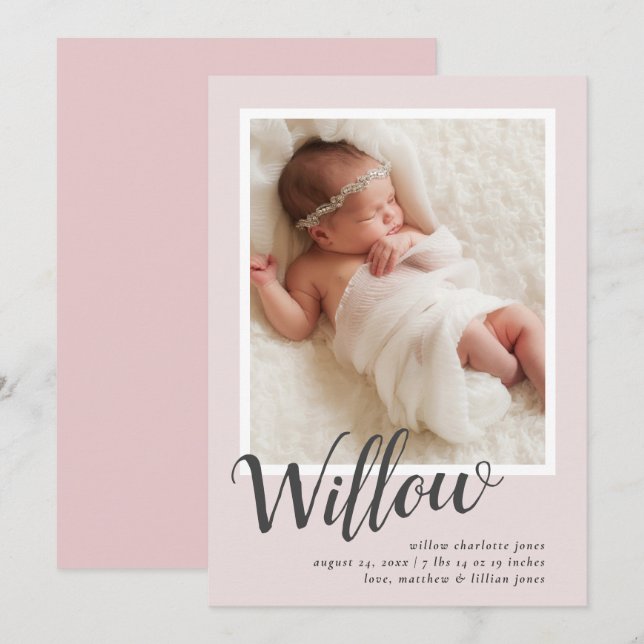 Pink Modern Calligraphy Photo Birth Announcement (Front/Back)