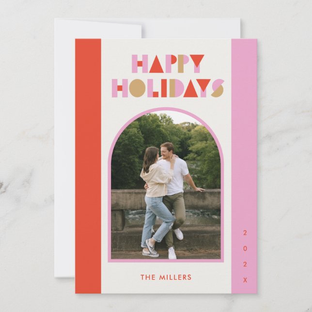 PINK MODERN CHRISTMAS HOLIDAY | 1 Photo Arch Card (Front)