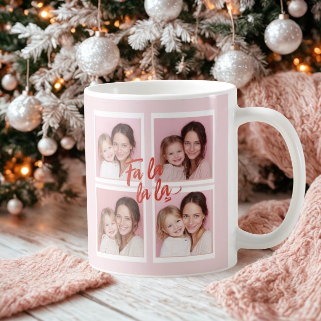Pink Modern Christmas Photo Collage | Fa La La Coffee Mug (Creator Uploaded)