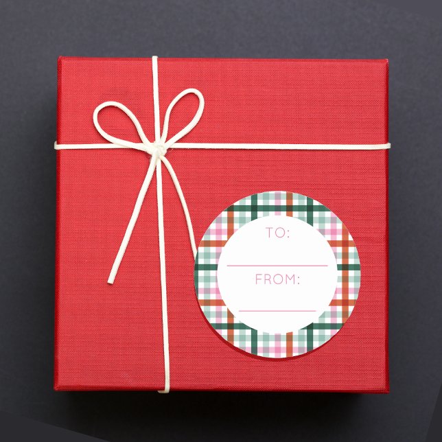 Pink Modern Christmas To From Gingham Classic Round Sticker (To - From Christmas round sticker with a modern gingham Pattern in red green and pink colors.)