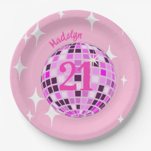 Pink Modern Disco Mirror Ball 21st Birthday Paper Plate