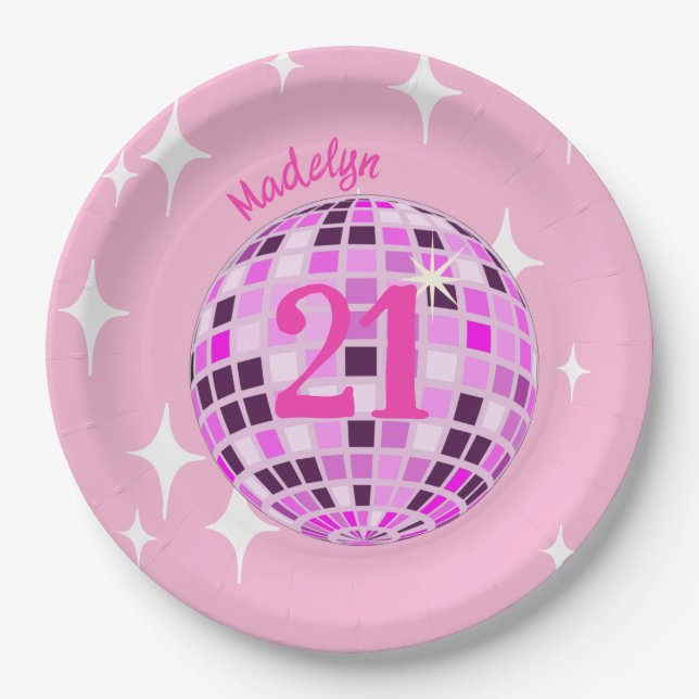 Pink Modern Disco Mirror Ball 21st Birthday Paper Plate (Front)