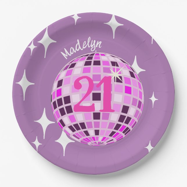 Pink Modern Disco Mirror Ball 21st Birthday Paper Plate (Front)
