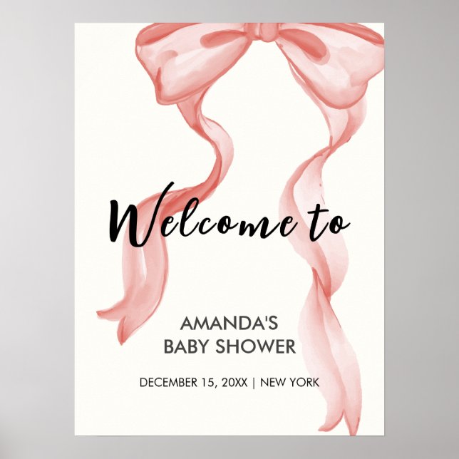 Pink Modern Elegant Bow Girl Baby Shower Welcome Poster (Front)