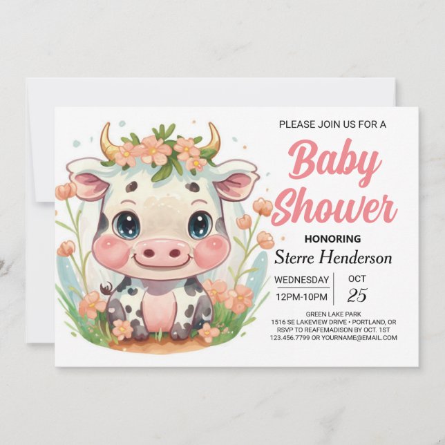 Pink Modern Elegant Cow Baby Shower Invitation (Front)