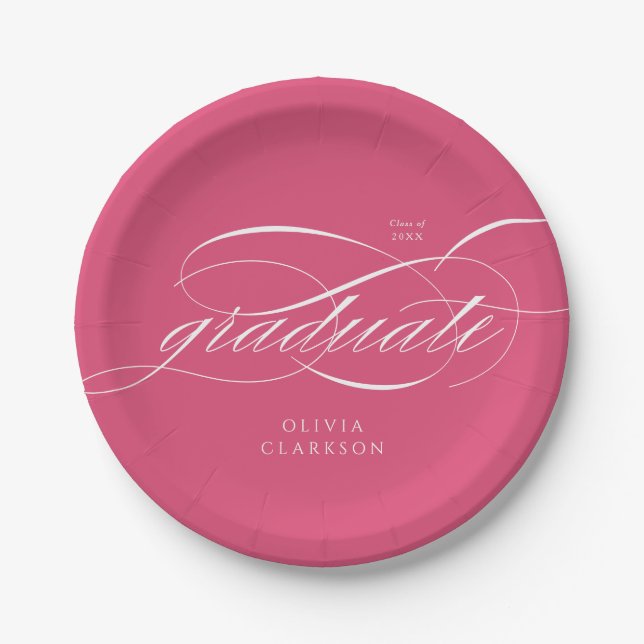 Pink Modern Elegant Script Graduation Party Paper Plate (Front)