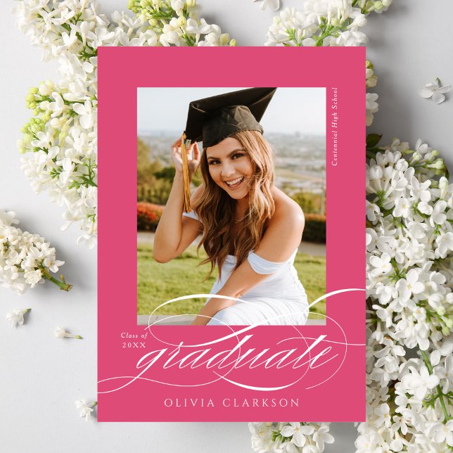 Pink Modern Elegant Script Photo Graduation Announcement (Creator Uploaded)