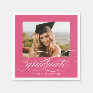 Pink Modern Elegant Script Photo Graduation Party Napkin