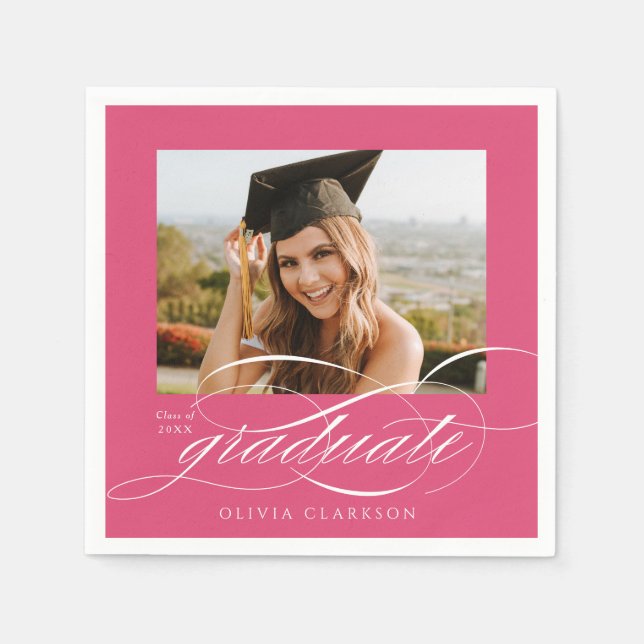 Pink Modern Elegant Script Photo Graduation Party Napkin (Front)
