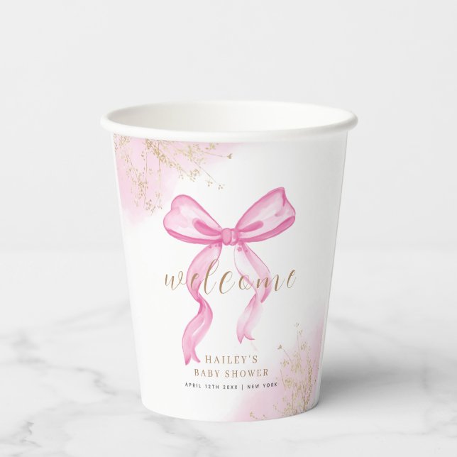 Pink Modern Elegant Watercolor Bow Baby Shower  Paper Cups (Back)