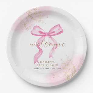 Pink Modern Elegant Watercolor Bow Baby Shower  Paper Plate