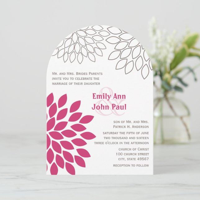 Pink Modern Floral Chrysanthemum Wedding Invitation (Standing Front)