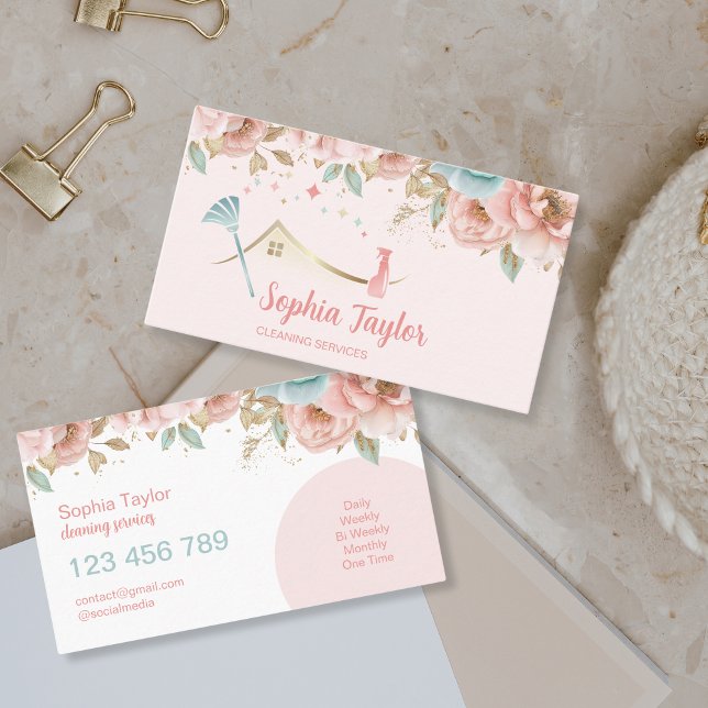 Pink Modern Floral House Cleaning Services Business Card (Creator Uploaded)