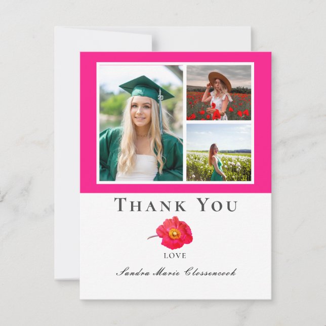 Pink Modern Floral Photo Collage Graduation  Thank You Card (Front)