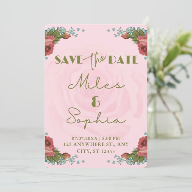 Pink Modern Floral Save The Date Card Invitation (Standing Front)