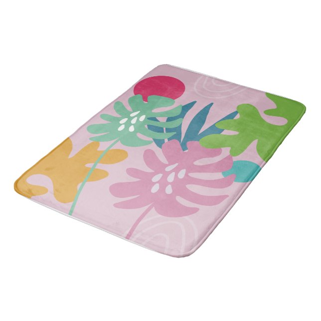 Pink modern floral tropical abstract simple bath mat (Angled)