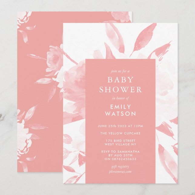 Pink Modern Floral Watercolor Baby Shower Invitation (Front/Back)