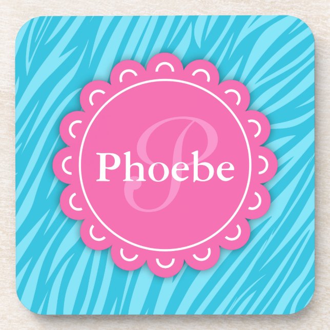 Pink Modern Flower Monogram Aqua Blue Zebra Print Coaster (Front)