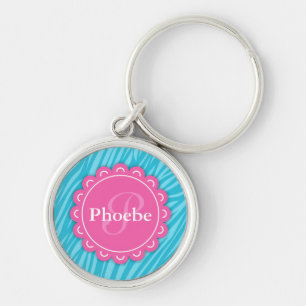Pink Modern Flower Monogram Aqua Blue Zebra Print Key Ring