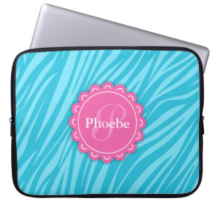 Pink Modern Flower Monogram Aqua Blue Zebra Print Laptop Sleeve
