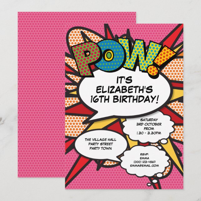 Pink Modern Fun Birthday Party Comic Book Any Age Invitation (Front/Back)